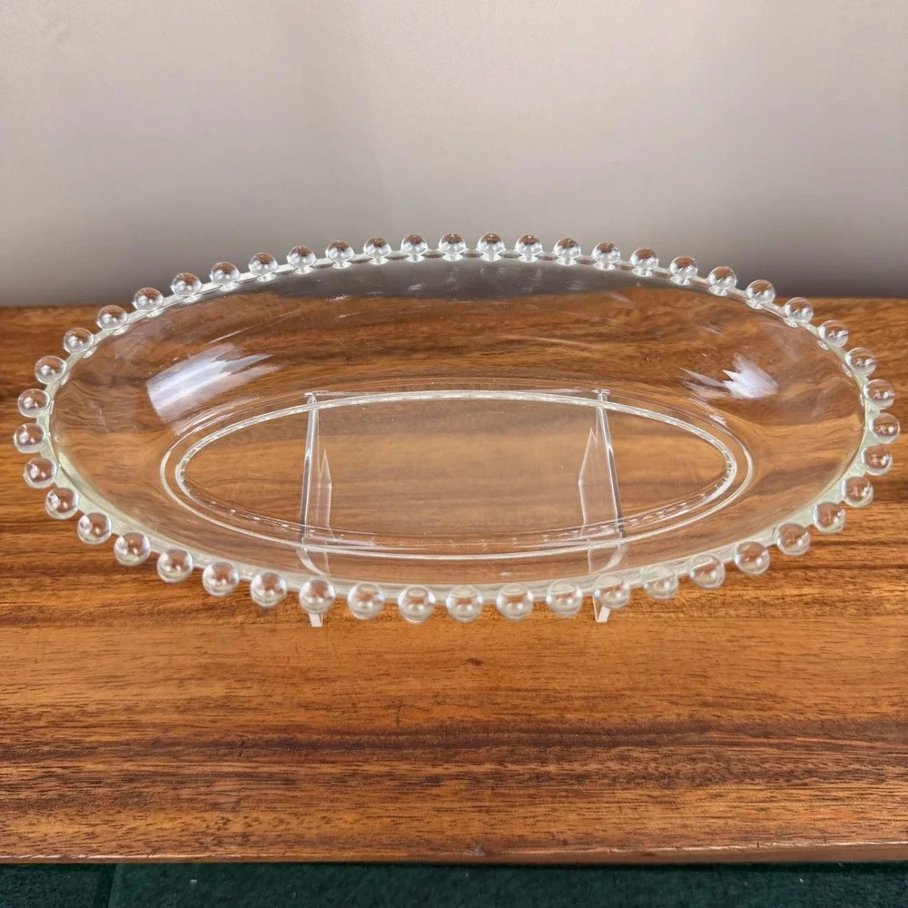 Imperial Candlewick Clear Glass Oval Relish Dish Beaded Edge Serving Tray 8.75in